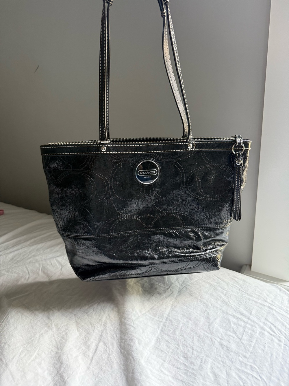 Coach Vintage Black Signature Patent Leather Mini Tote Bag